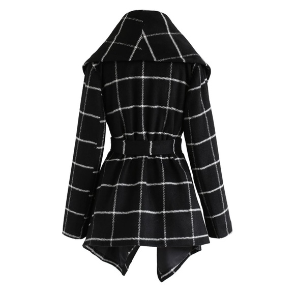 Chicwish Shawl Collar Black w/ White Grid Asymmetric Hem Wool Blend Coat Small - Picture 11 of 11